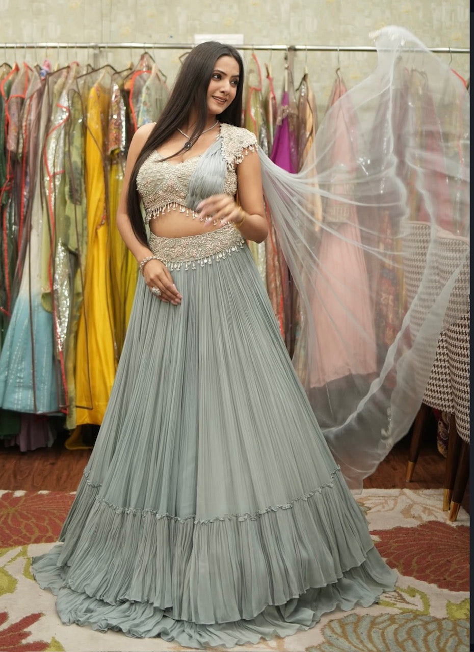 Sage Blue Handcrafted Draped Indo-Western Skirt Set