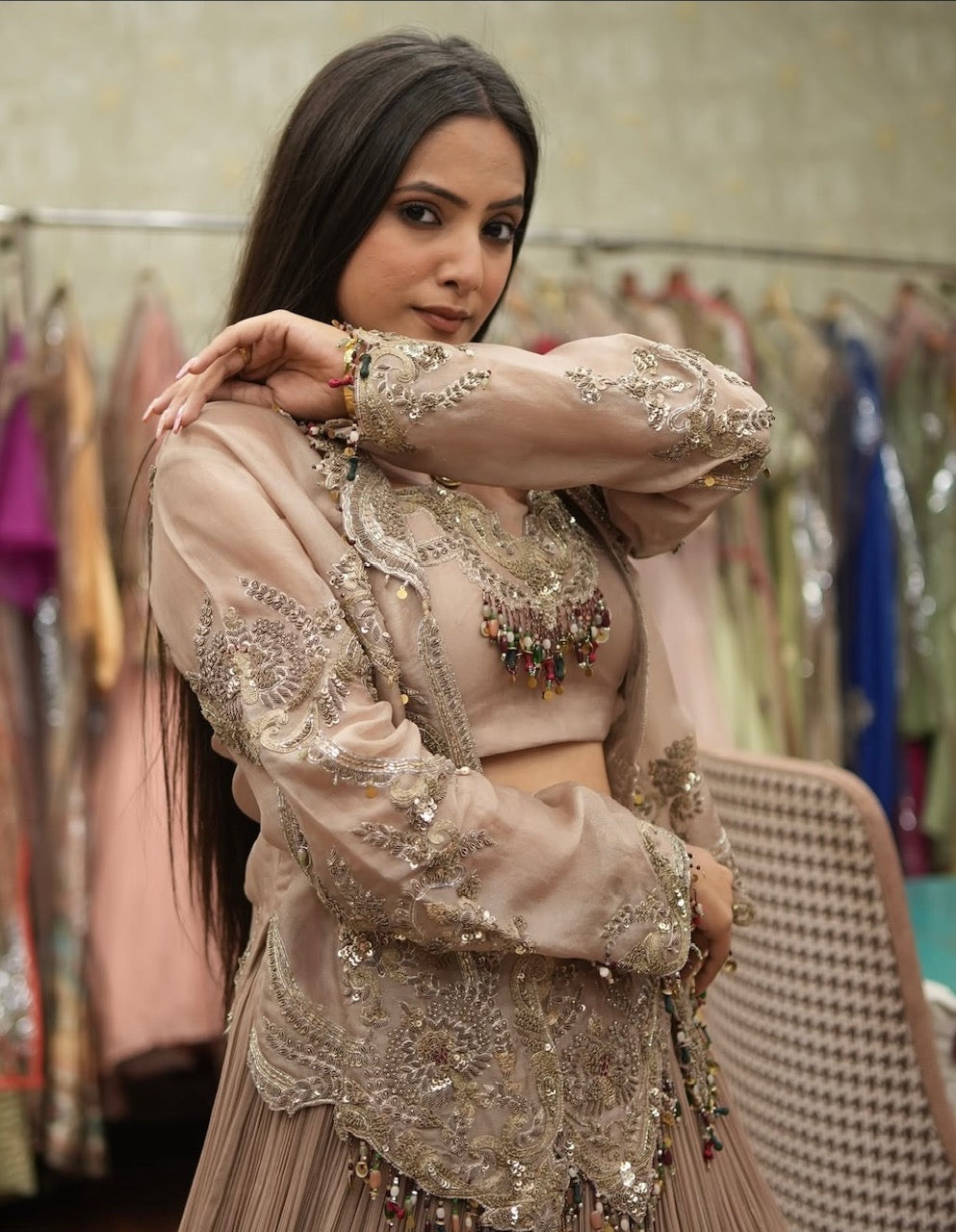 Noor Zari Handcrafted Draped Skirt Set with Jacket