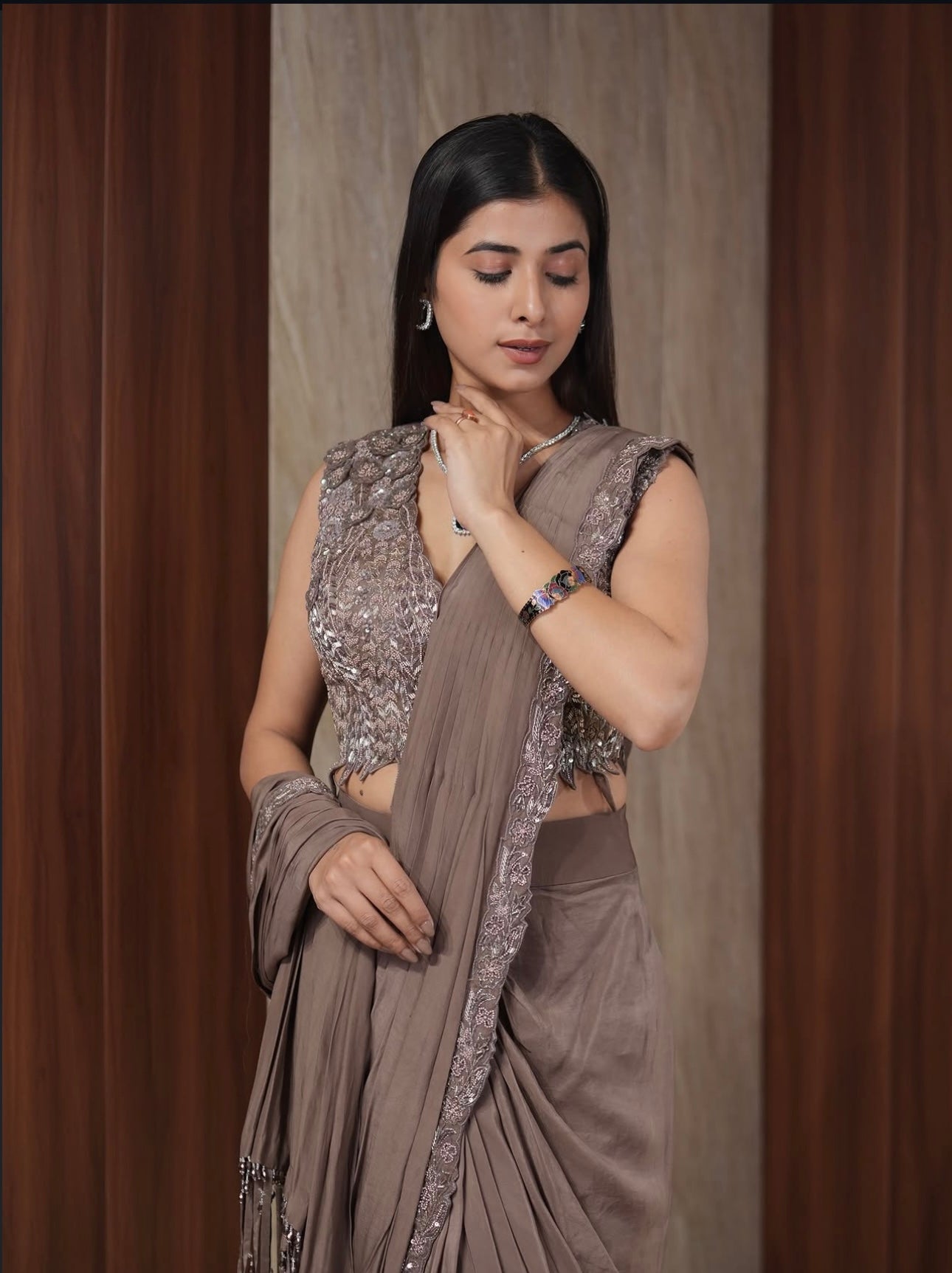 Mocha Sequins Drape Saree Set