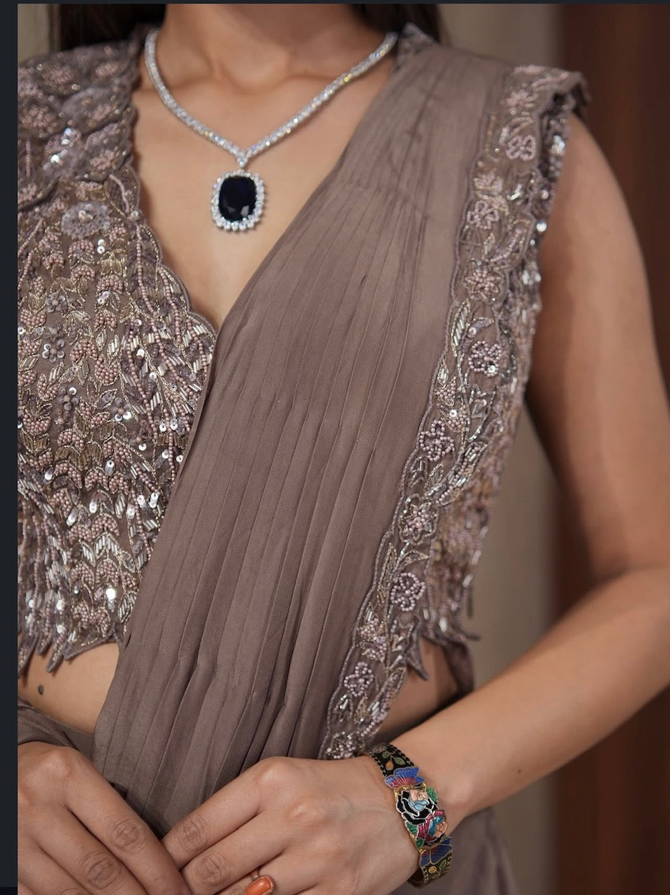 Mocha Sequins Drape Saree Set