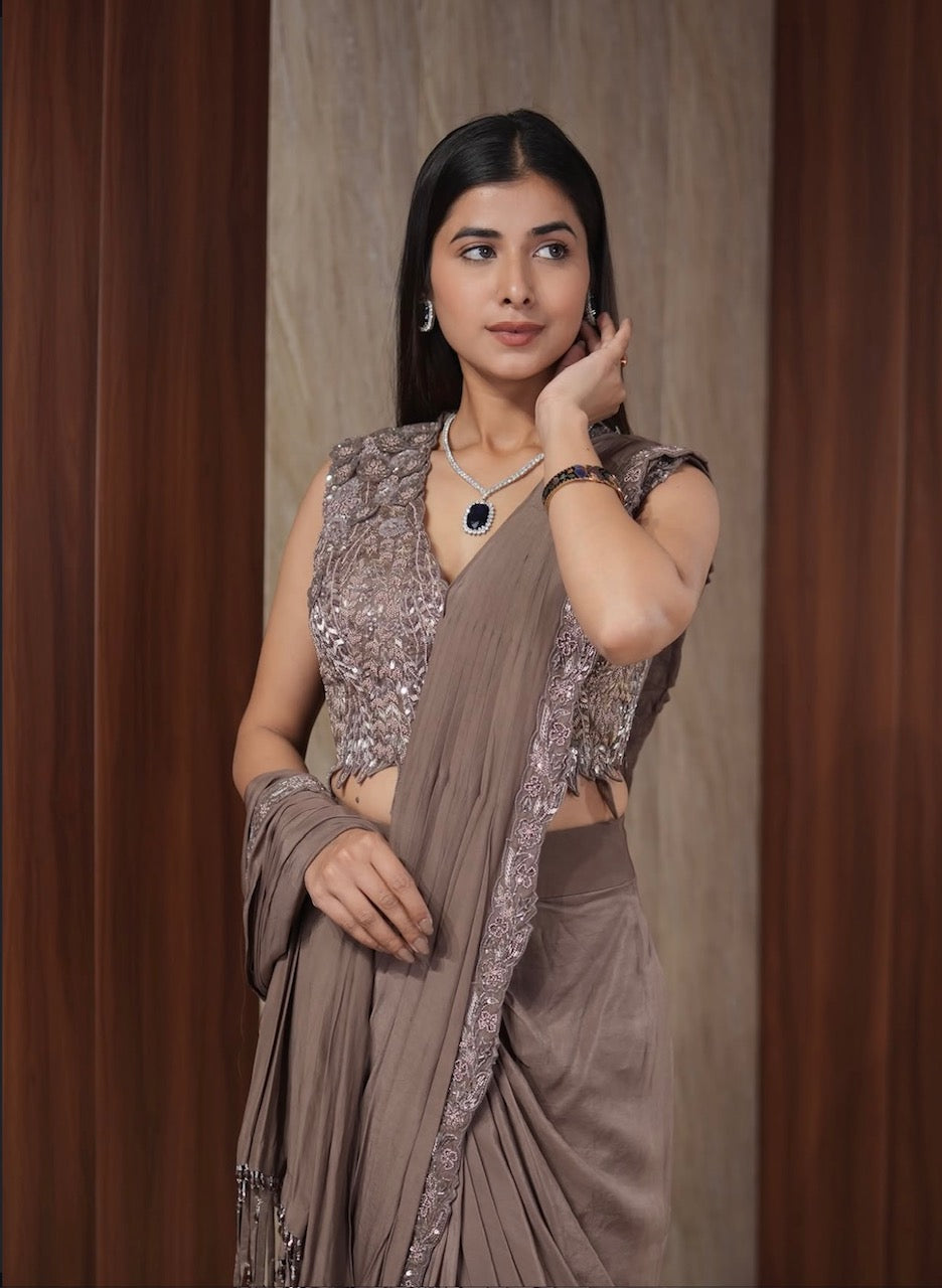 Mocha Sequins Drape Saree Set