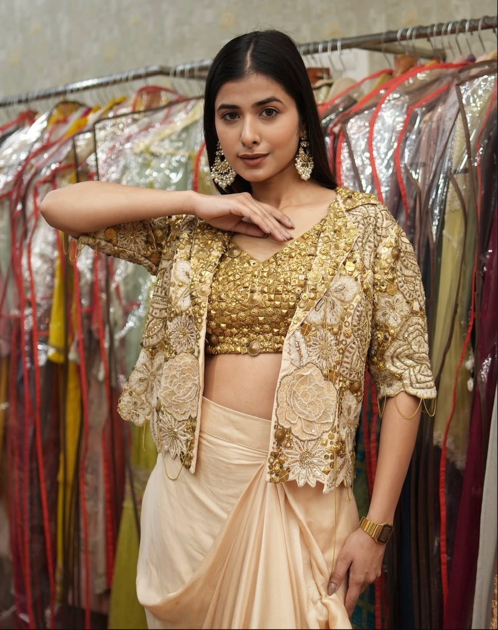 Ivory Gold Drape Indo-Western Set