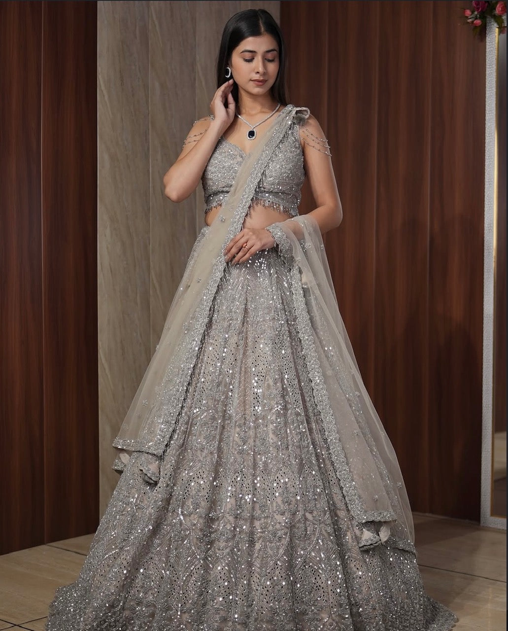 Silver Mist Hand Embroidered Lehenga Set