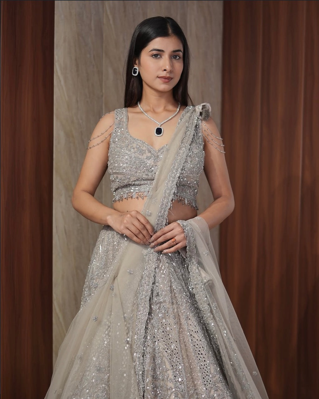 Silver Mist Hand Embroidered Lehenga Set
