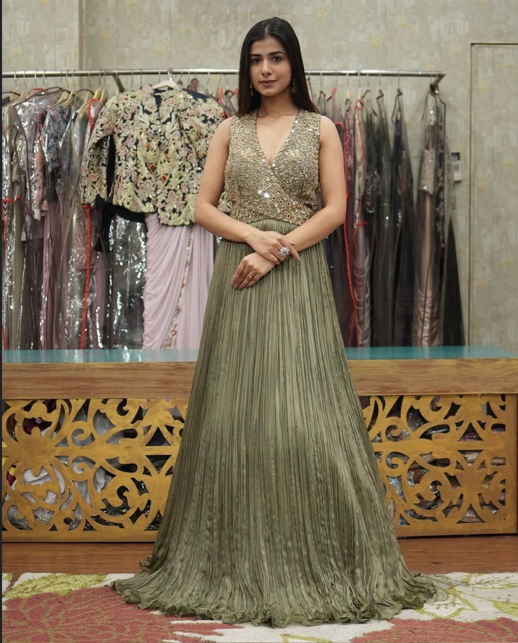 Olive Gold Indo Western Gown Set