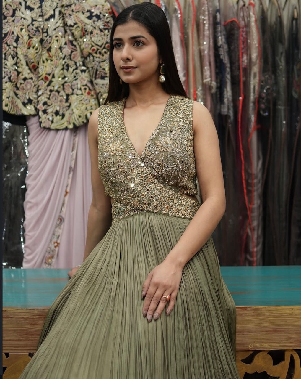 Olive Gold Indo Western Gown Set