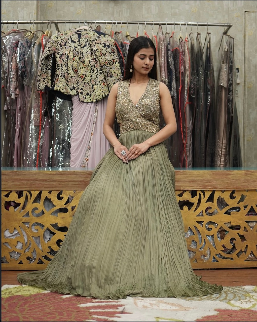 Olive Gold Indo Western Gown Set