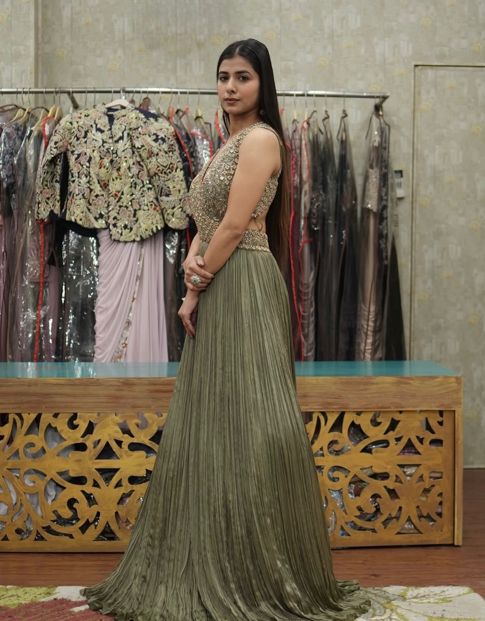 Olive Gold Indo Western Gown Set