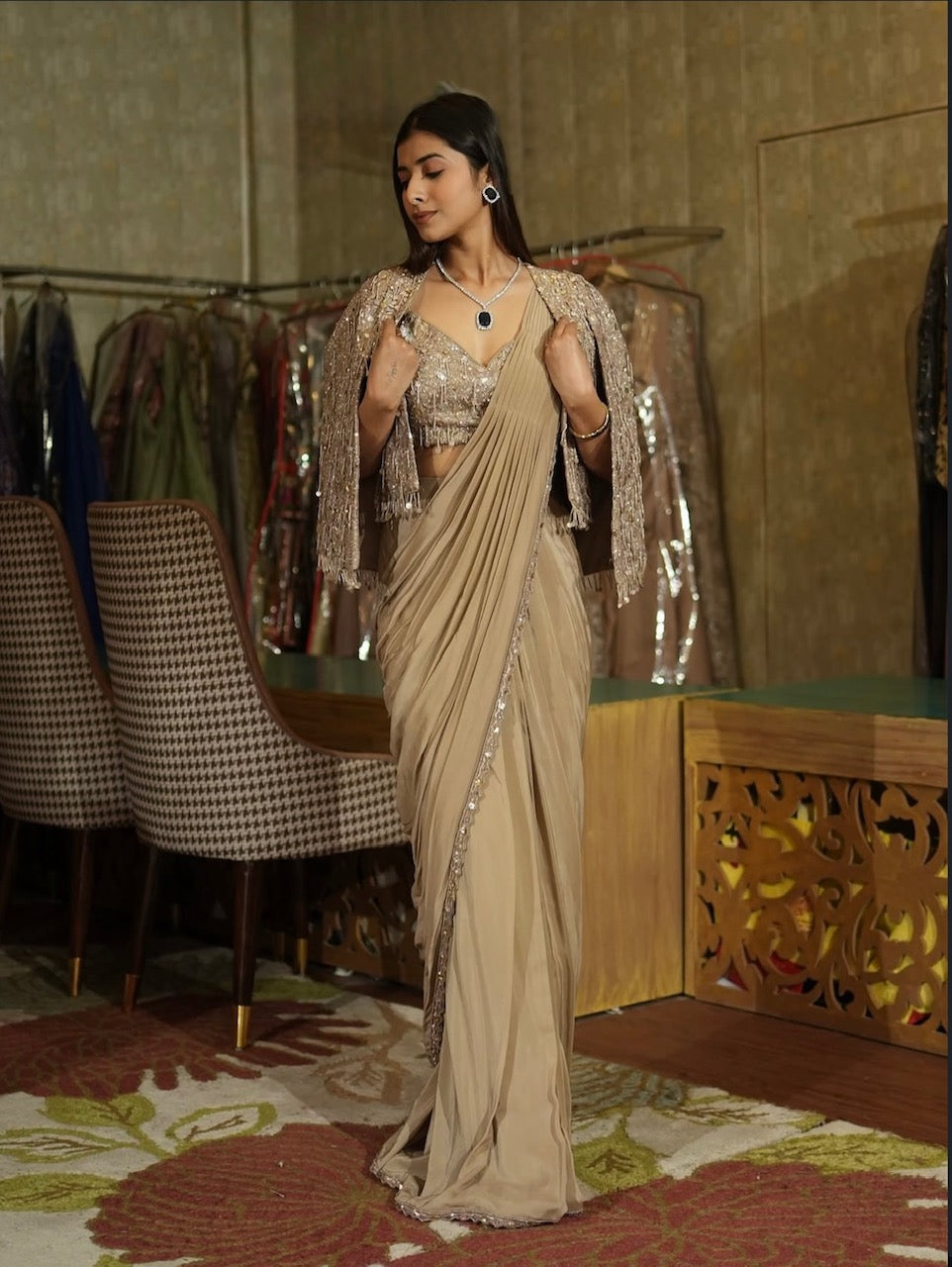 Champagne Beige Drape Saree Set with Jacket