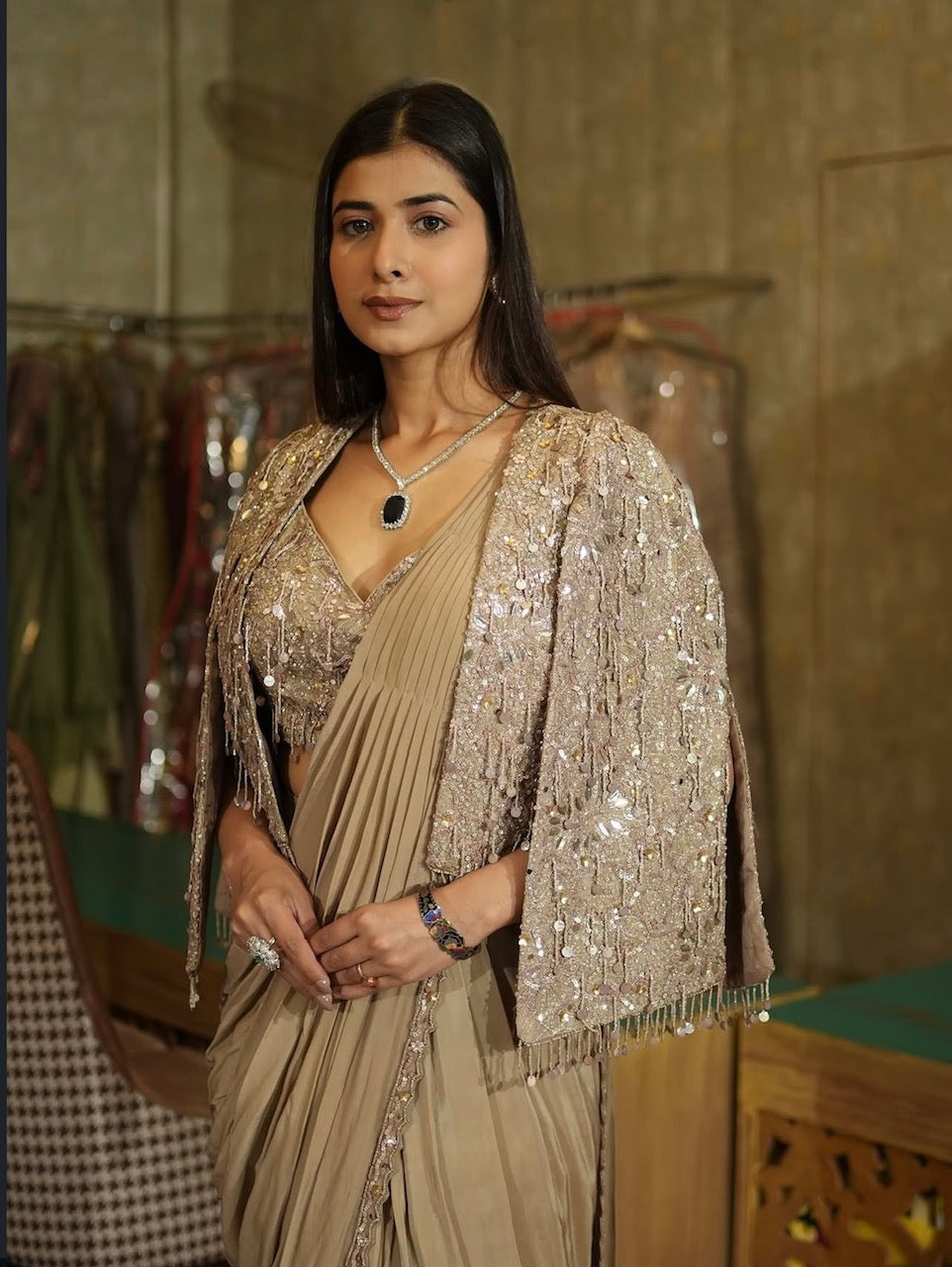 Champagne Beige Drape Saree Set with Jacket