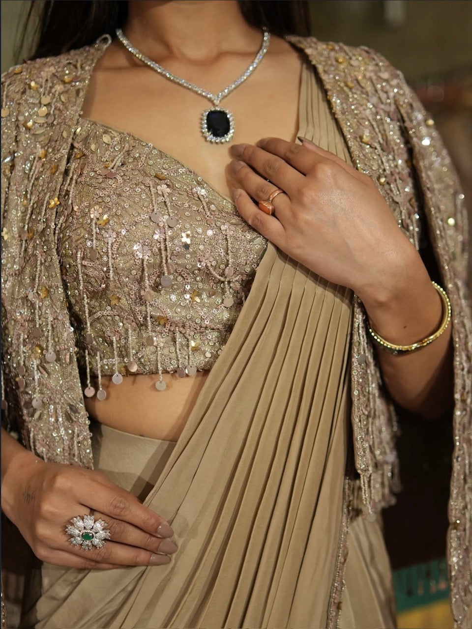 Champagne Beige Drape Saree Set with Jacket