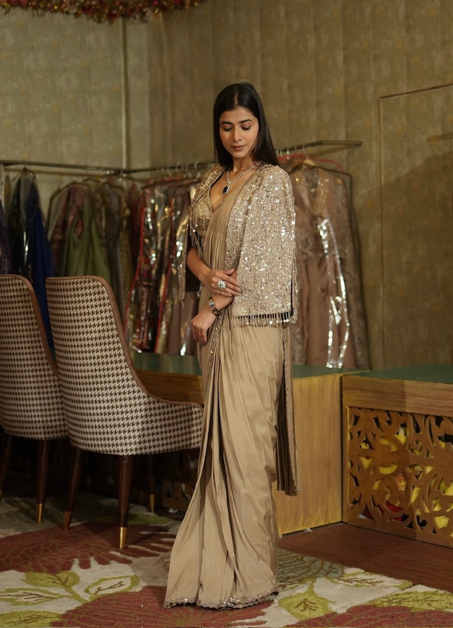 Champagne Beige Drape Saree Set with Jacket
