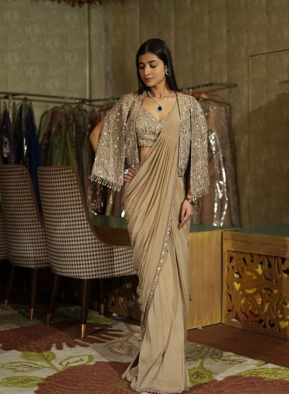 Champagne Beige Drape Saree Set with Jacket