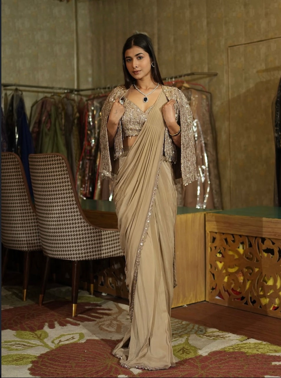 Champagne Beige Drape Saree Set with Jacket