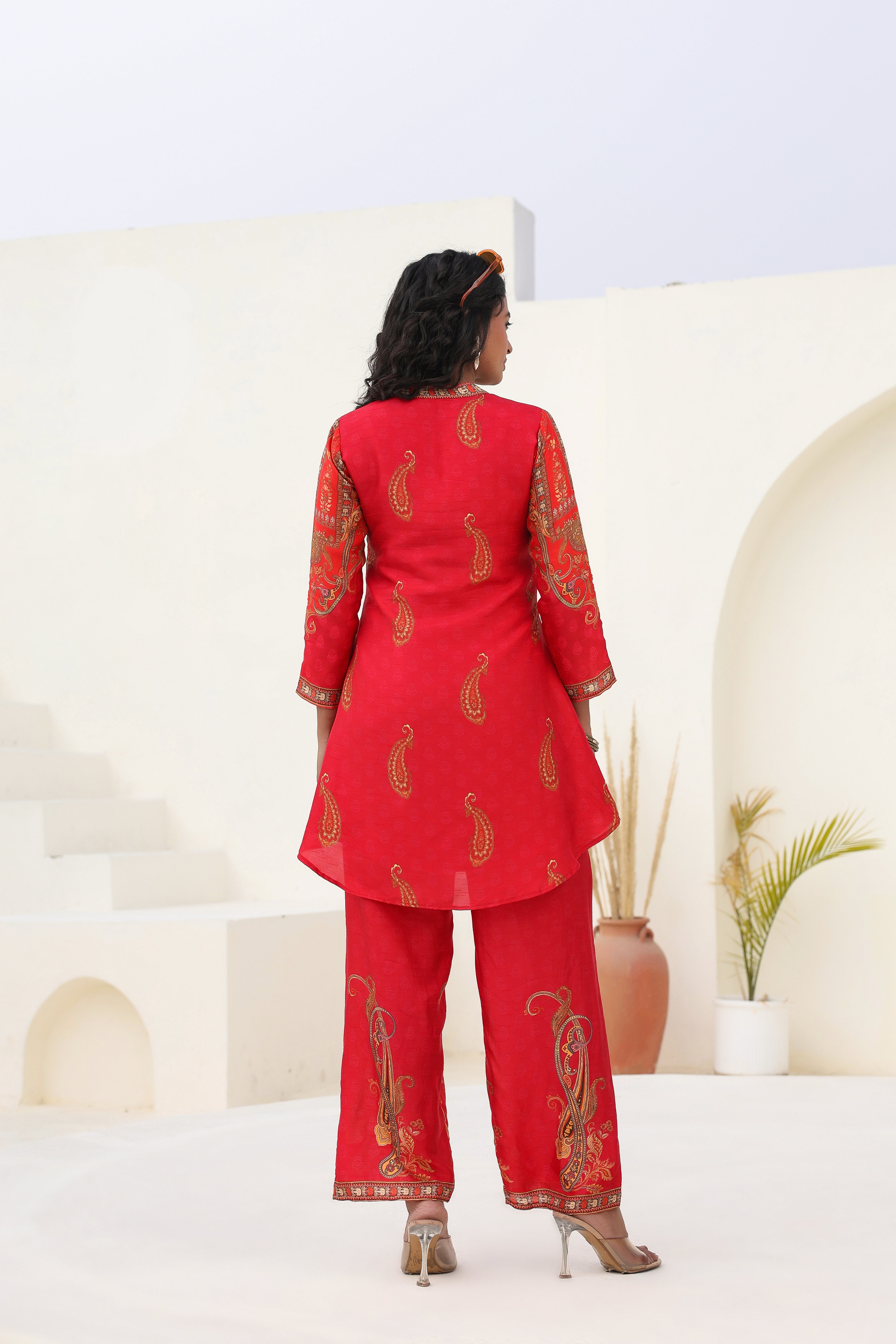 Crimson Regal Embellished Dola Silk Kurta Pants Set