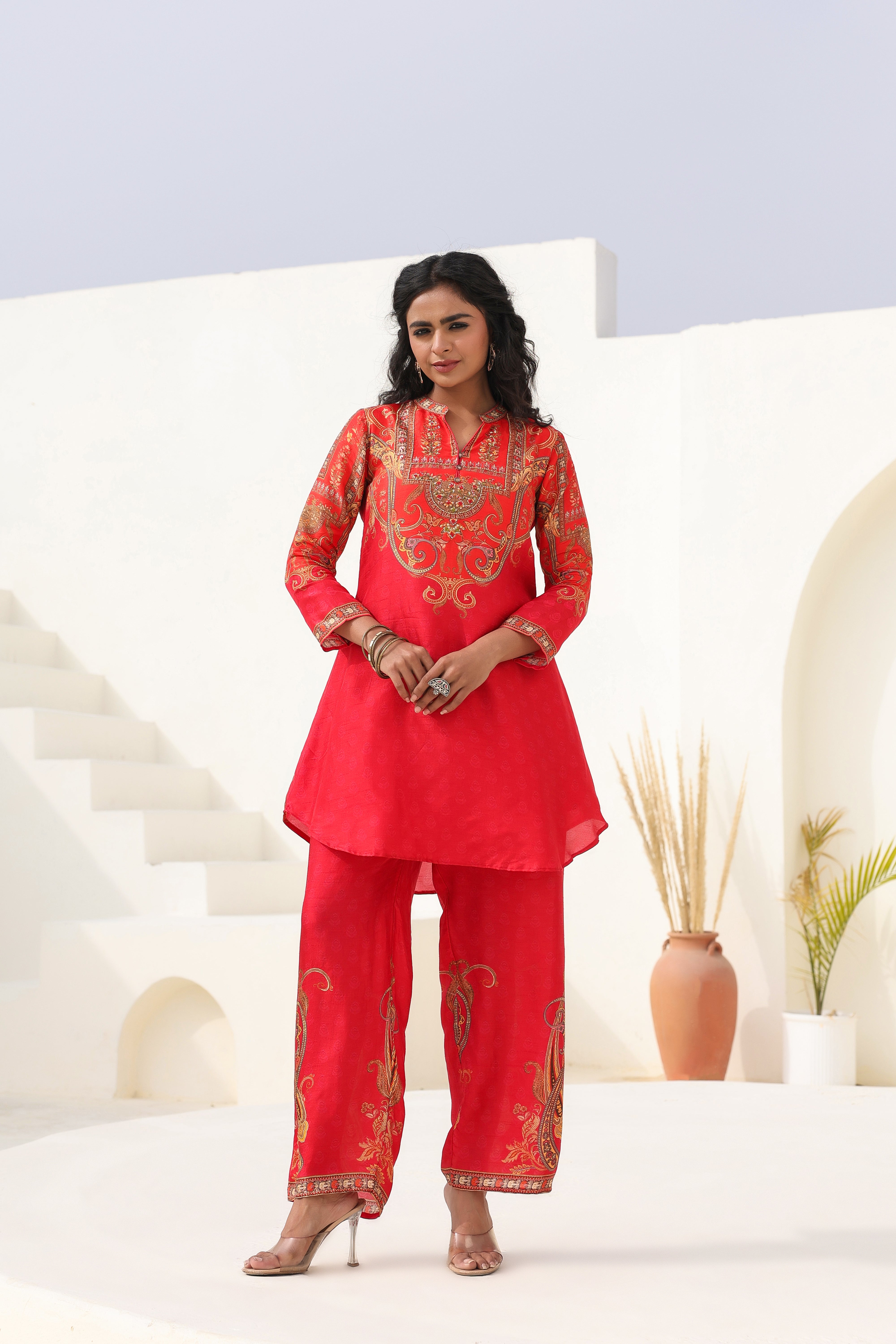 Crimson Regal Embellished Dola Silk Kurta Pants Set