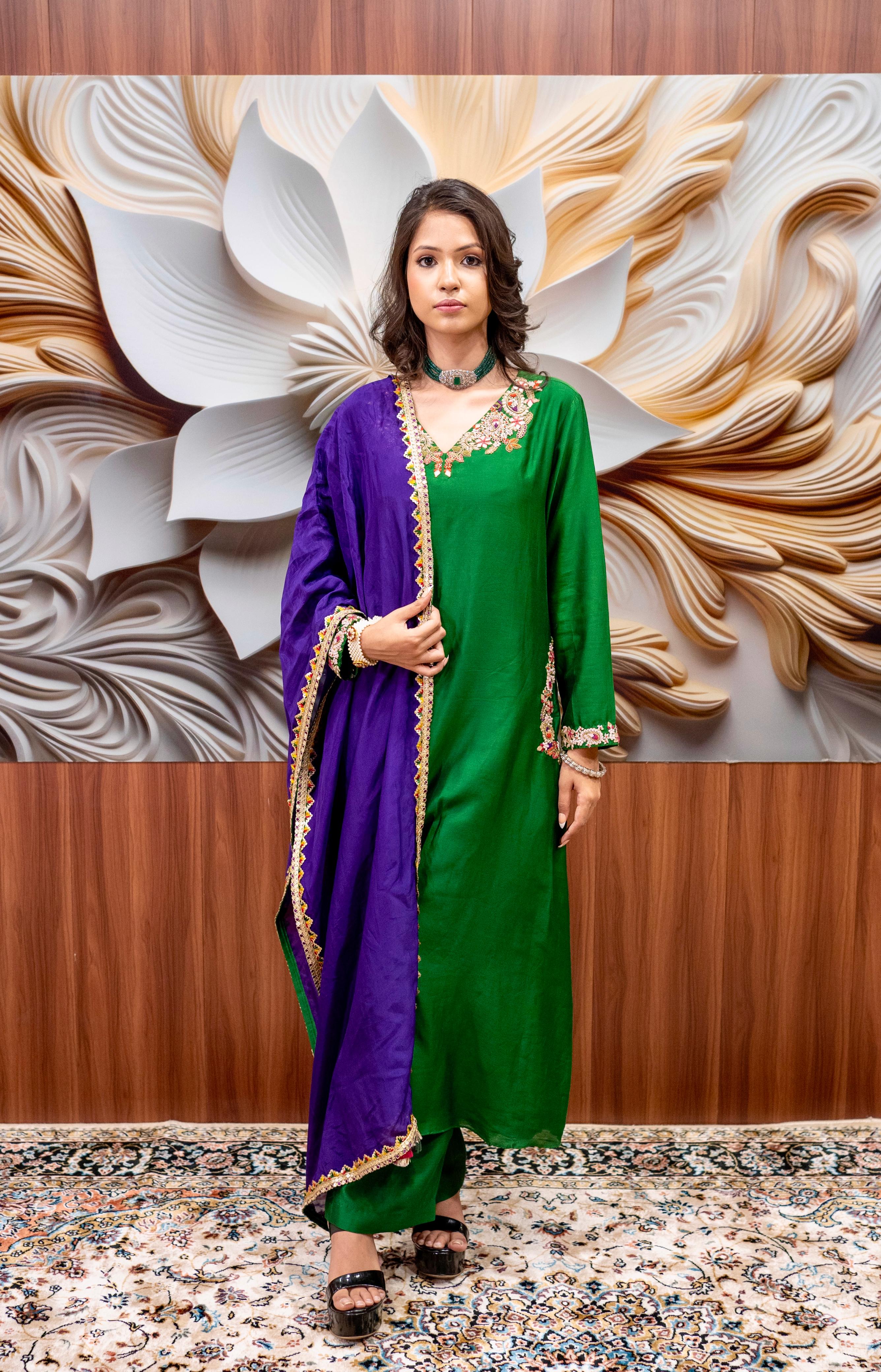 Emerald Green Embroidered Suit with Royal Purple Dupatta