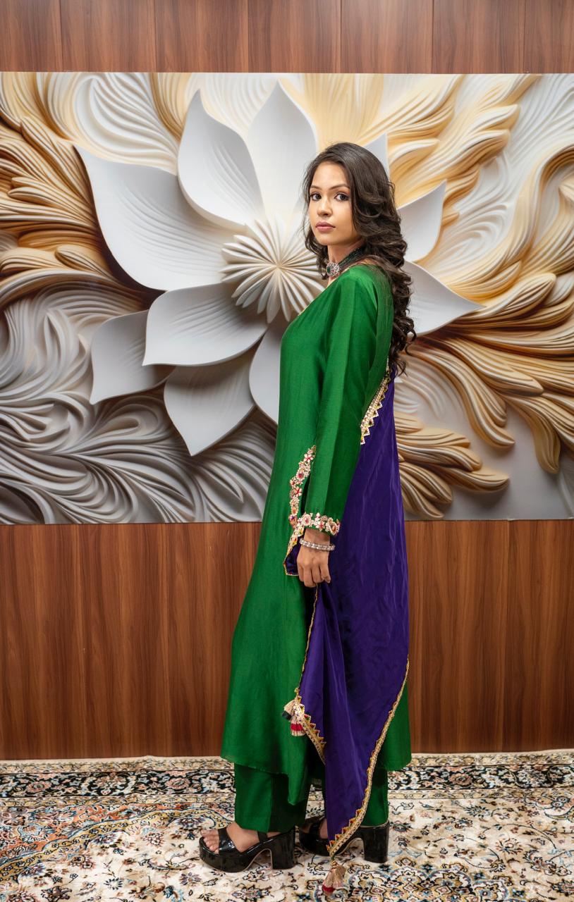 Emerald Green Embroidered Suit with Royal Purple Dupatta URVASHI BY PARIDHI GUPTA Emerald Green Embroidered Suit with Royal Purple Dupatta URVASHI BY PARIDHI GUPTA