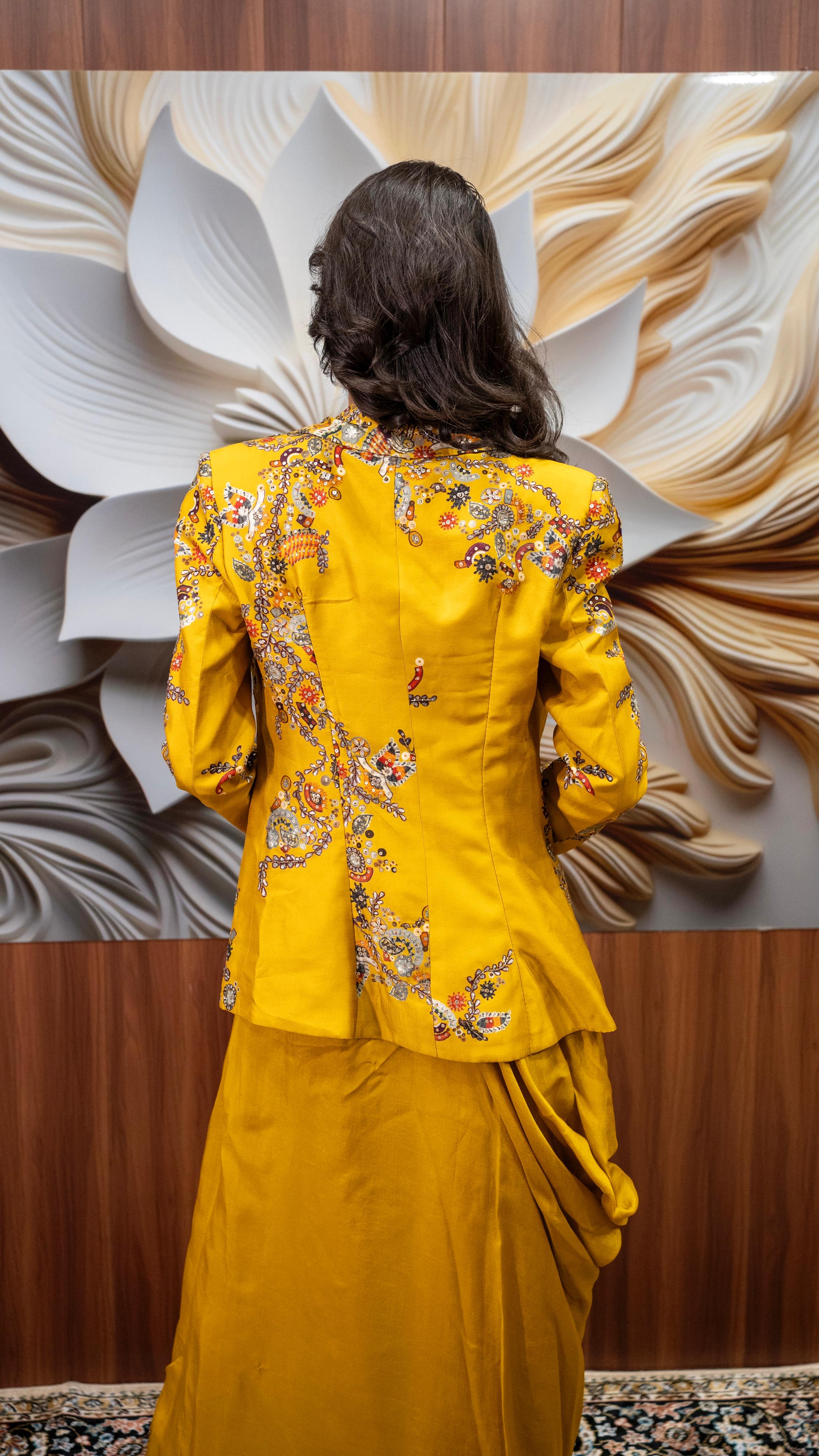 Mustard Yellow Drape Skirt with Embroidered Blazer Set