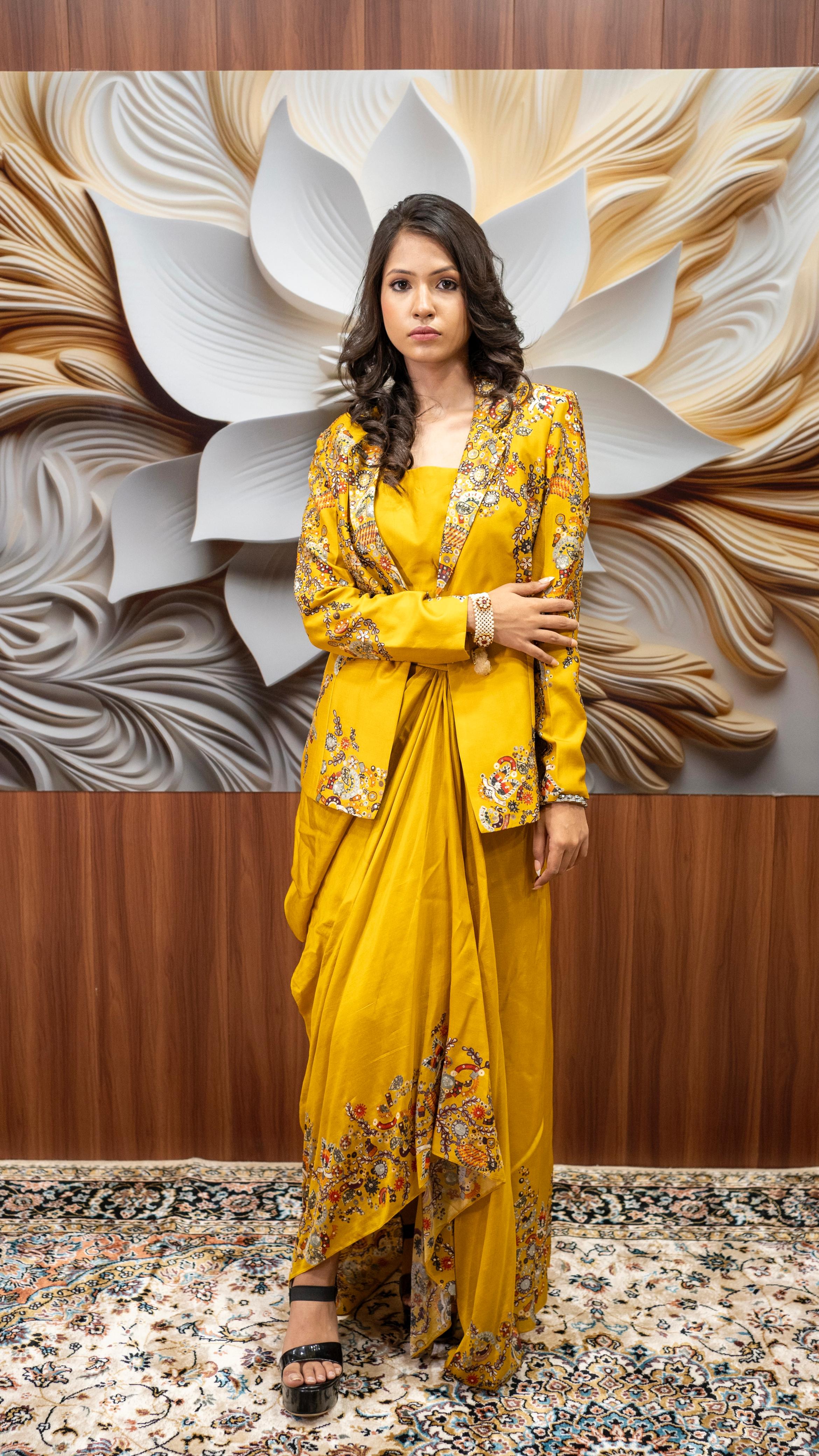 Mustard Yellow Drape Skirt with Embroidered Blazer Set